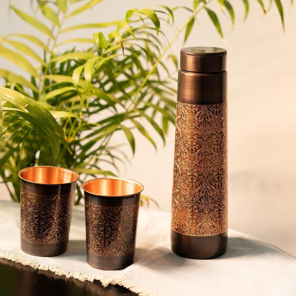 Pure Copper Water Bottle with Glass Set | Antimicrobial, Antioxidant & BPA Free, Boosts Immunity, Support Digestive Health (950 Ml 2x 300ml)