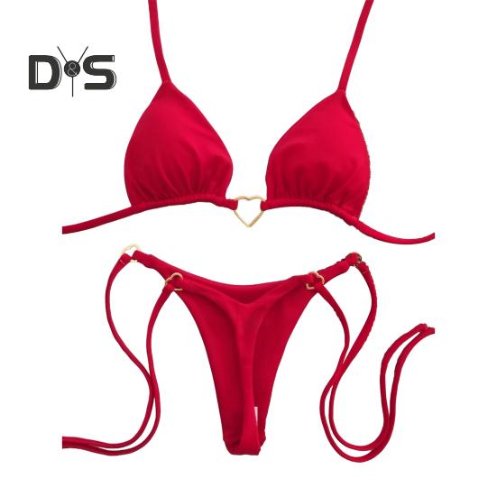 2Pcs/Set Women Bikini Set Heart Metal Buckle Halter Lace-up Swimsuit with Briefs Set Quick Drying Beachwear