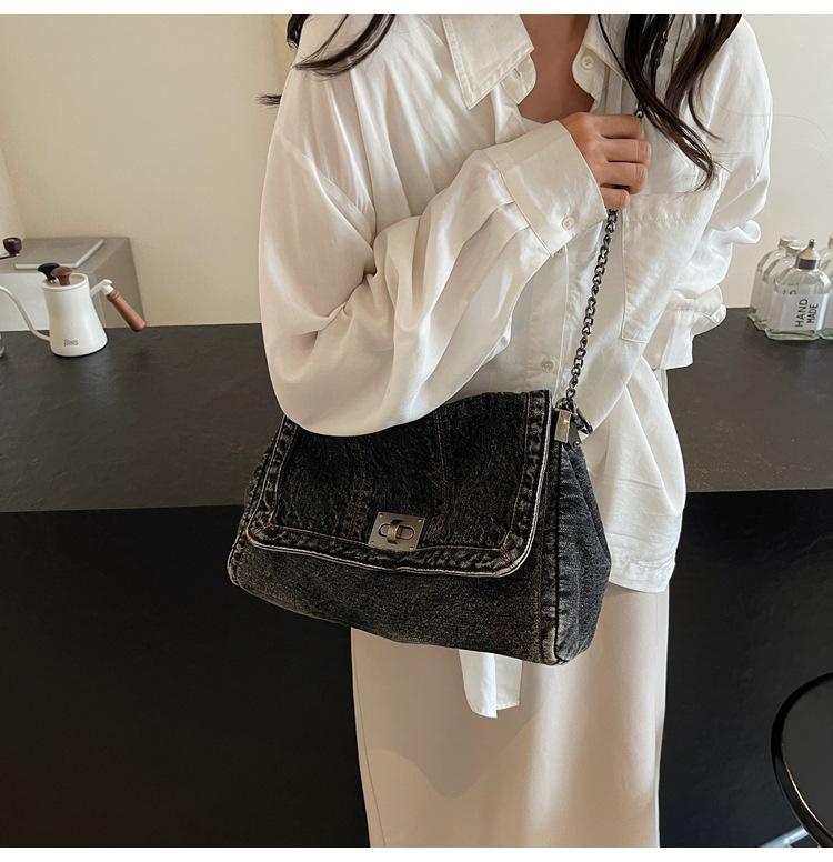 Retro casual denim bag women's 2024 new high-end chain shoulder bag large-capacity commuter tote bag