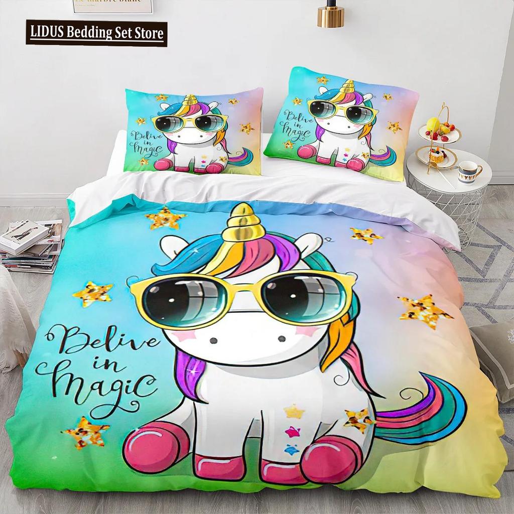 Cartoon Unicorn Duvet Cover King Queen Lovely White Mythical Animal Bedding Set Kids Girl Colorful Rainbow Polyester Quilt Cover