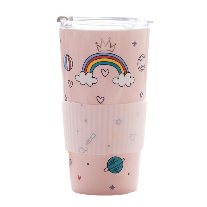 Cute Cartoon Ceramic Mug with Lid and Straw