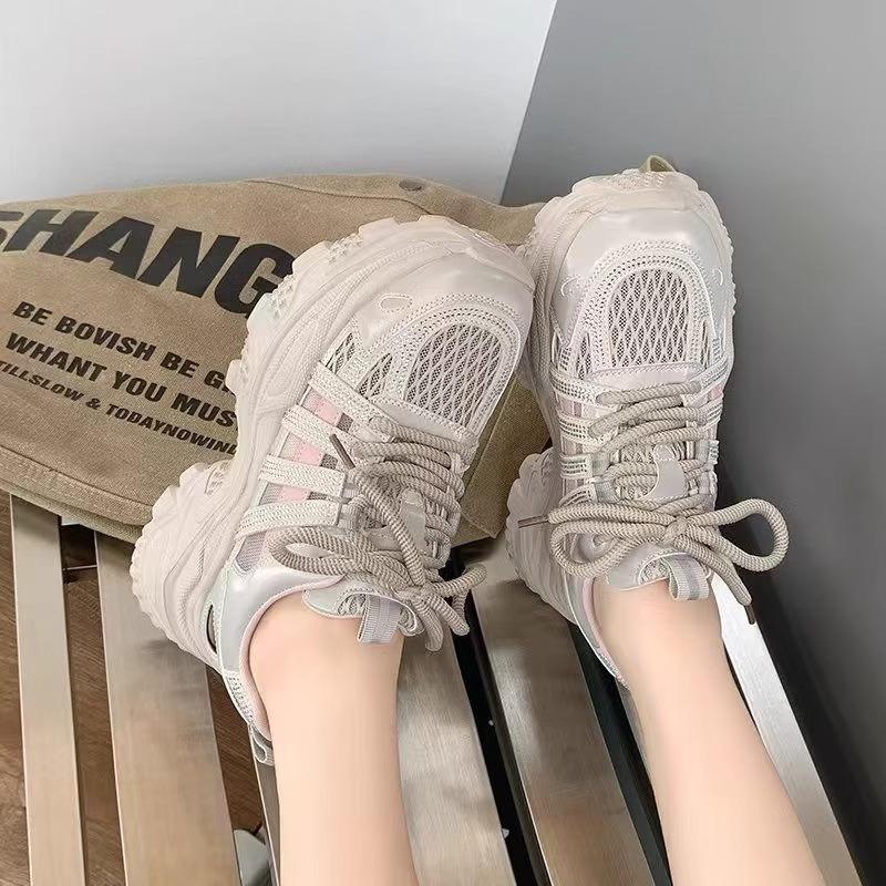 Korean Version of Rhinestone Hollow Mesh Dad Shoes Women's New Thick-soled Heightening Casual Versatile Sports Shoes In Summer 2025