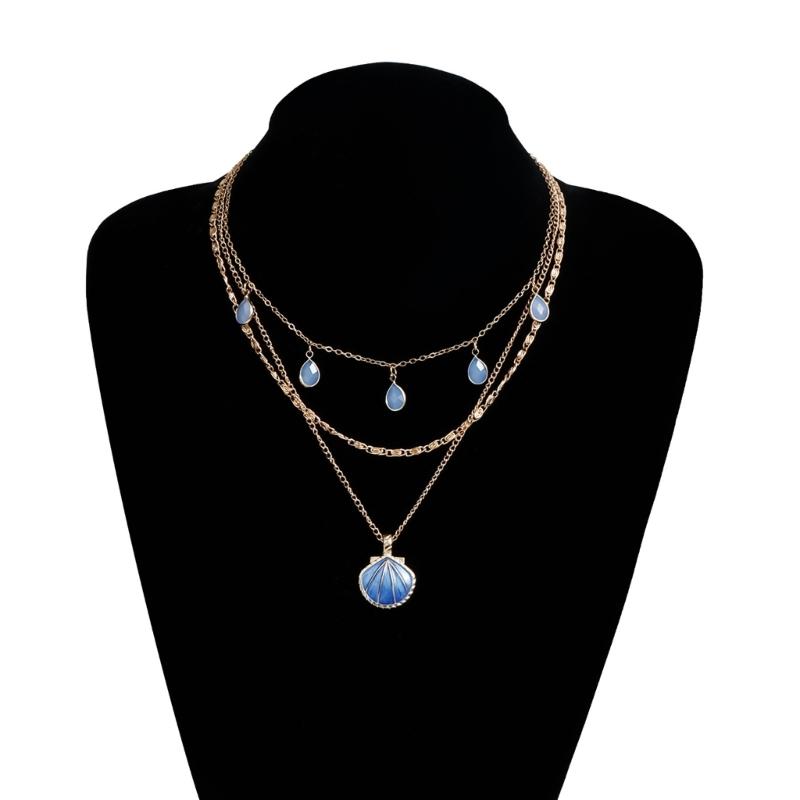 Blue Tidal Shell Drop Pendant Necklace Handcrafted Glaze Finish Alloy Chain For Everyday Elegances