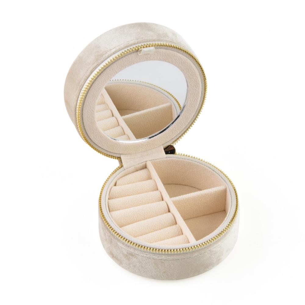 Custom Logo Round Velvet Jewelry Box with Mirror Portable Travel Zipper Rings Earrings Necklaces Jewelry Storage Box