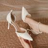 Fashion High Heeled Shoes Women's 2025 Summer with A Thin Heel and Pointed Toe A Straight Cut Lace Surface White Pearl Bridal Shoe Women