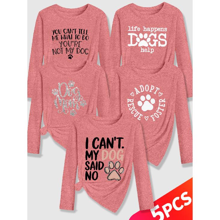 Lele Orientation Five-piece women's long-sleeve set Paw print canine-themed fun English phrases with a healing retro print Spring, Summer, Autumn