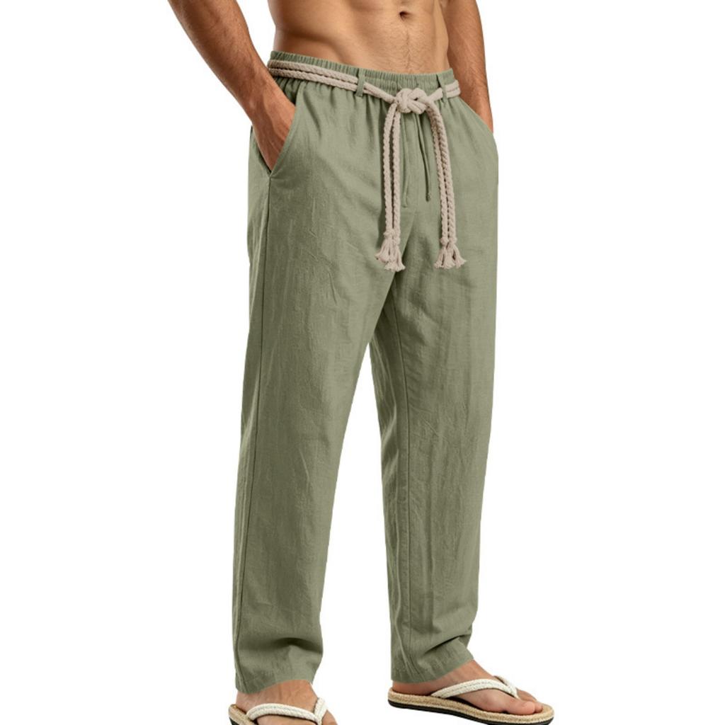 Men's Linen Drawstring Pants Lightweight Breathable Straight Leg Trousers Casual Summer Vacation Commuting Pants