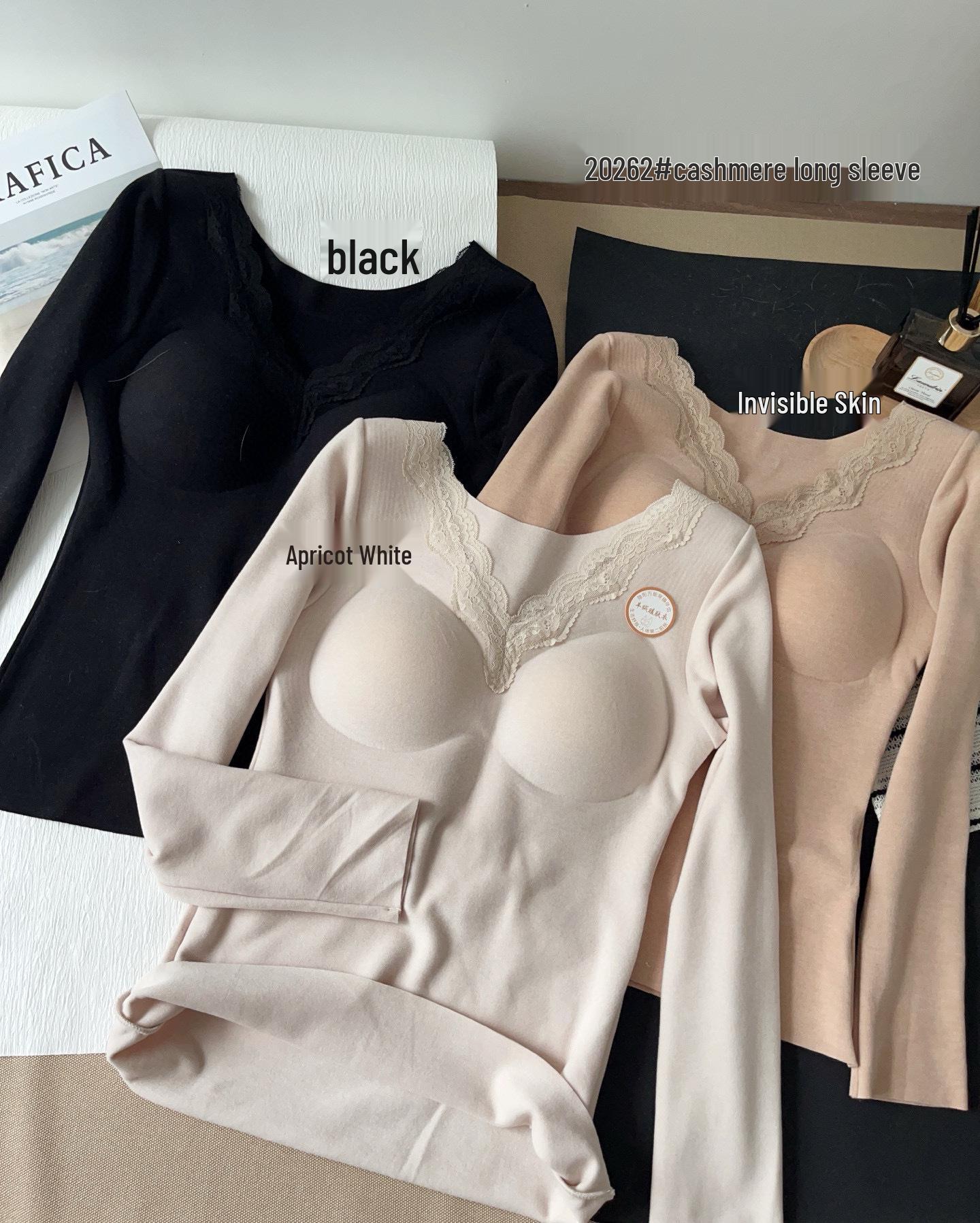 

Huizhixin Women s Cashmere Silk V-neck Lace Trim Long Sleeve Top Invisible Nude