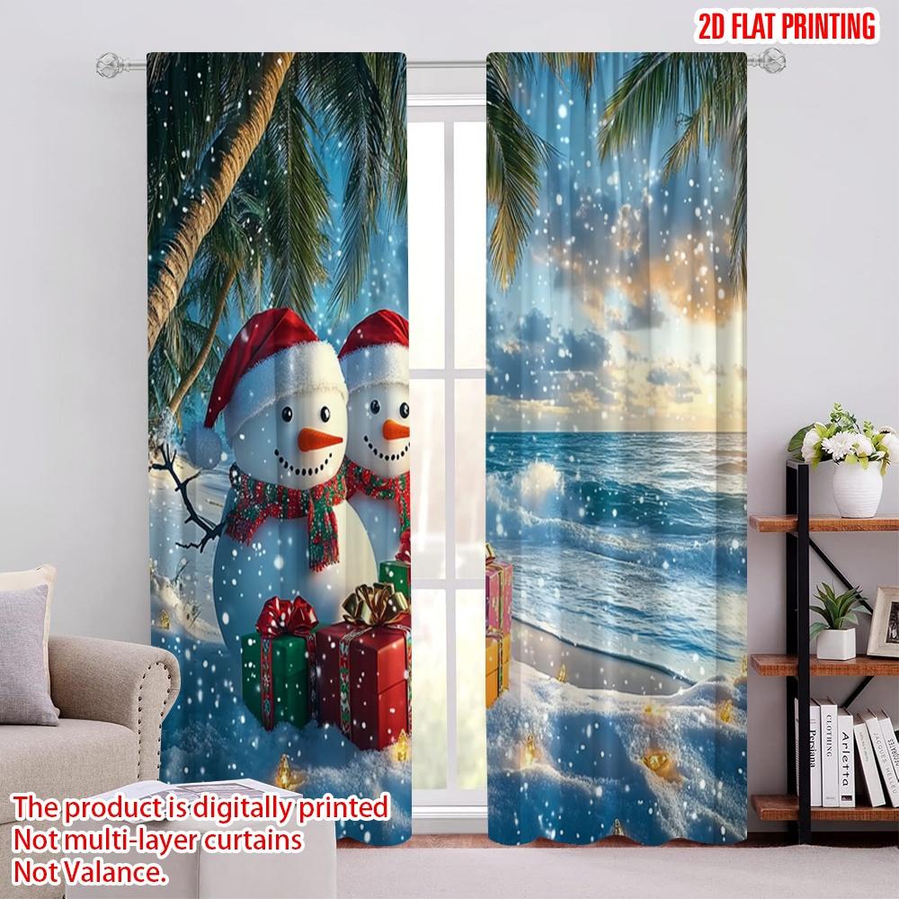 

Set Of 2 Flat Printing Merry Christmas Drapes Tropical Beach Snowman Versatile Polyester Fabric Without Electricity Curtain W100*H70(CM)-Rod Pocket&1PCS