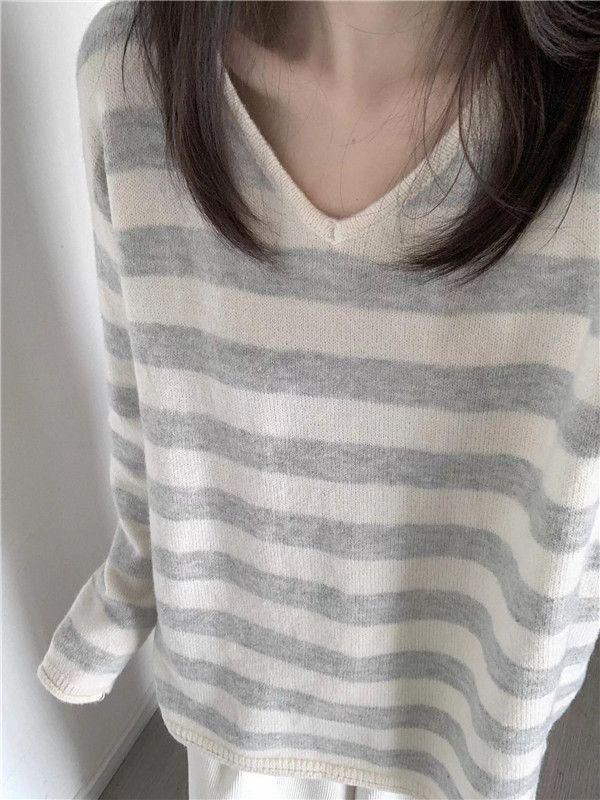 Women's Korean Color Block V-Neck Striped Sweater - Autumn/Winter 2025 Loose Knitted Pullover