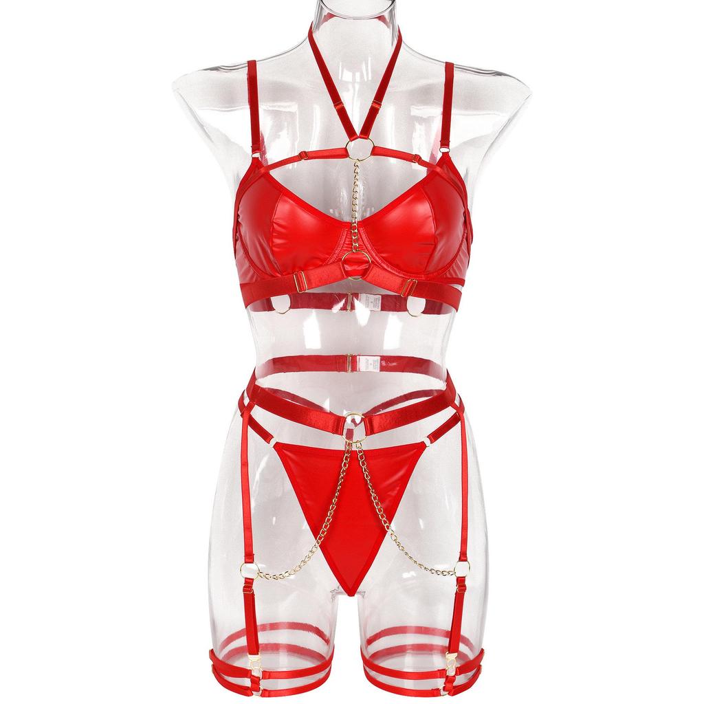 Soft Leather Chain Spliced Sexy Women's Lingerie Set