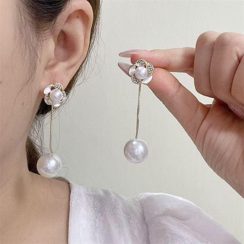 Elegant Rhinestone Flower Pearl Tassel Earrings for Women - Convertible Wear