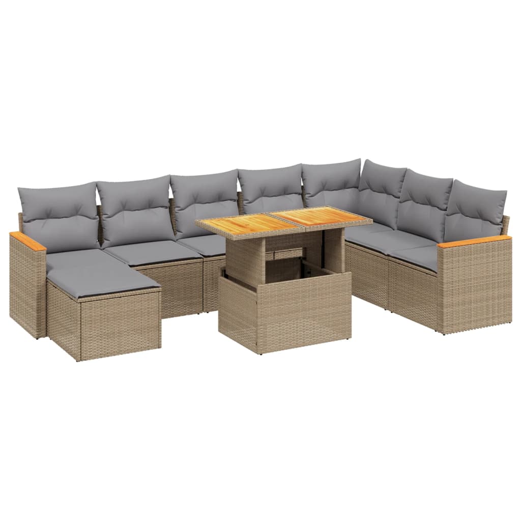9 Piece Beige Garden Sofa Set with Cushions Poly Rattan