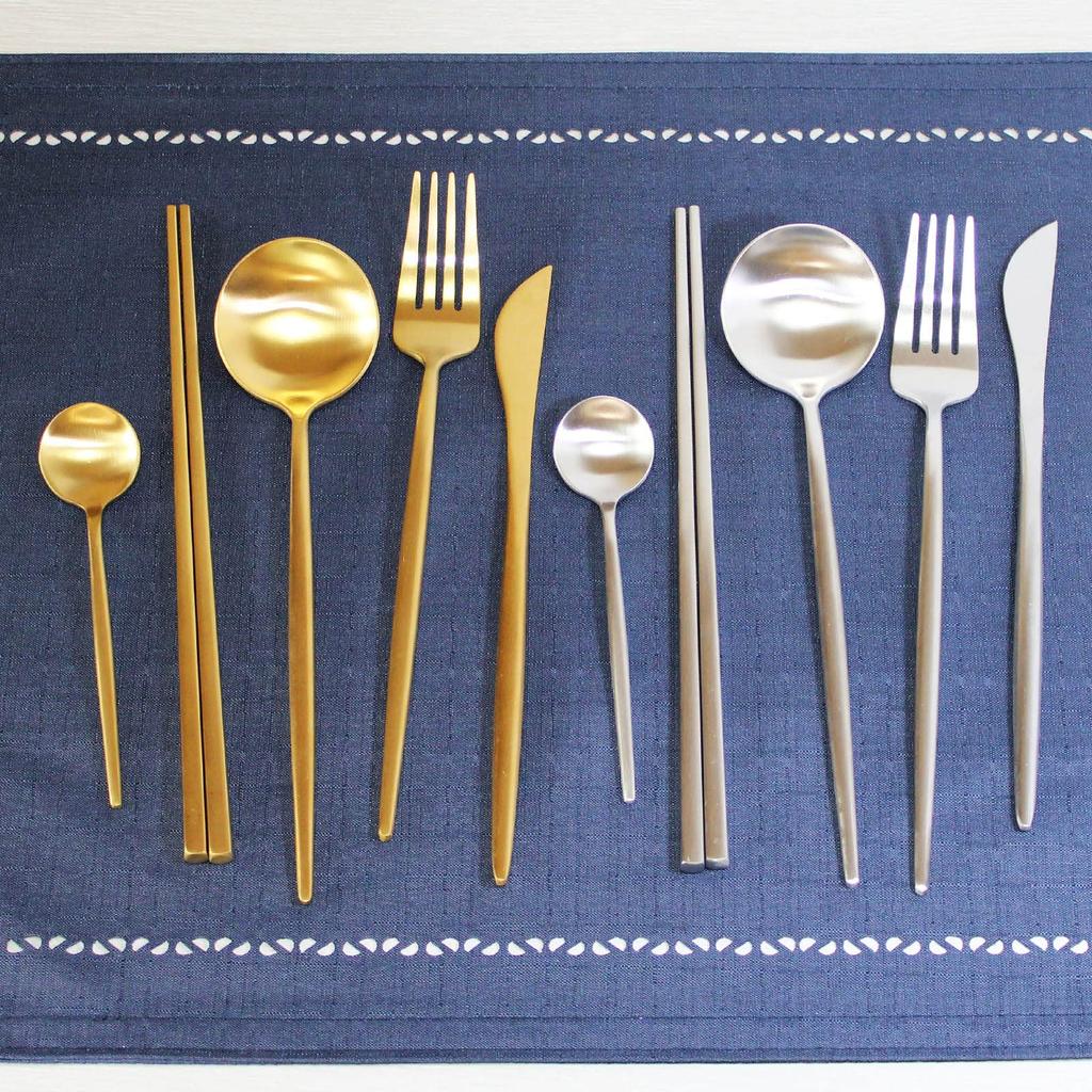 LEREVE Brand Cutlery 10 Colors Dinner Cutlery Gold Set, Arete, Available, Knife, Fork, Spoon, Teaspoon, Chopsticks, 5-Piece Set,