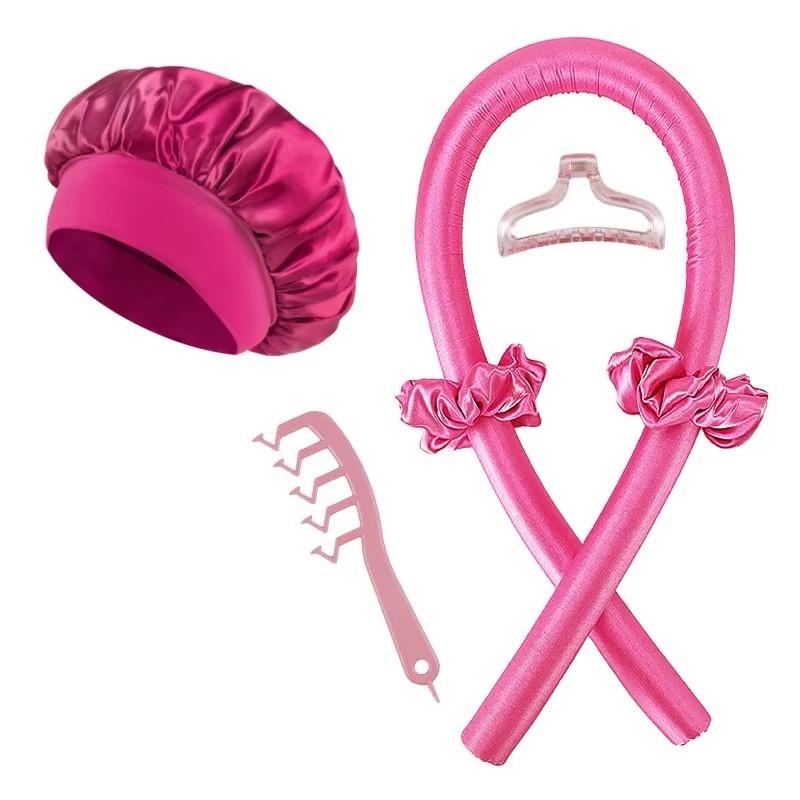 

6Pcs Women No-Heat Curly Hair Stick Satin Sleep Cap Set Hair Clip and Ring Comb Sponge Hair Curler Suitable for All Hair Types рожевий червоний колір