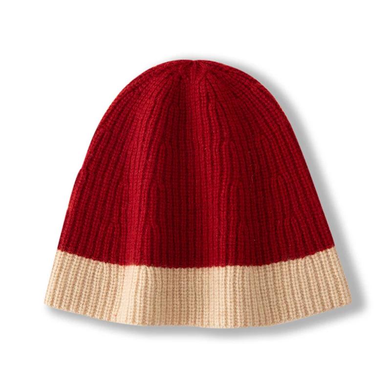 Women 100% Pure Cashmere Beanie Hat Two Tone Color Block Knit Winter Warm Soft Slouchy Skullies Cap Cold Weather Accessory