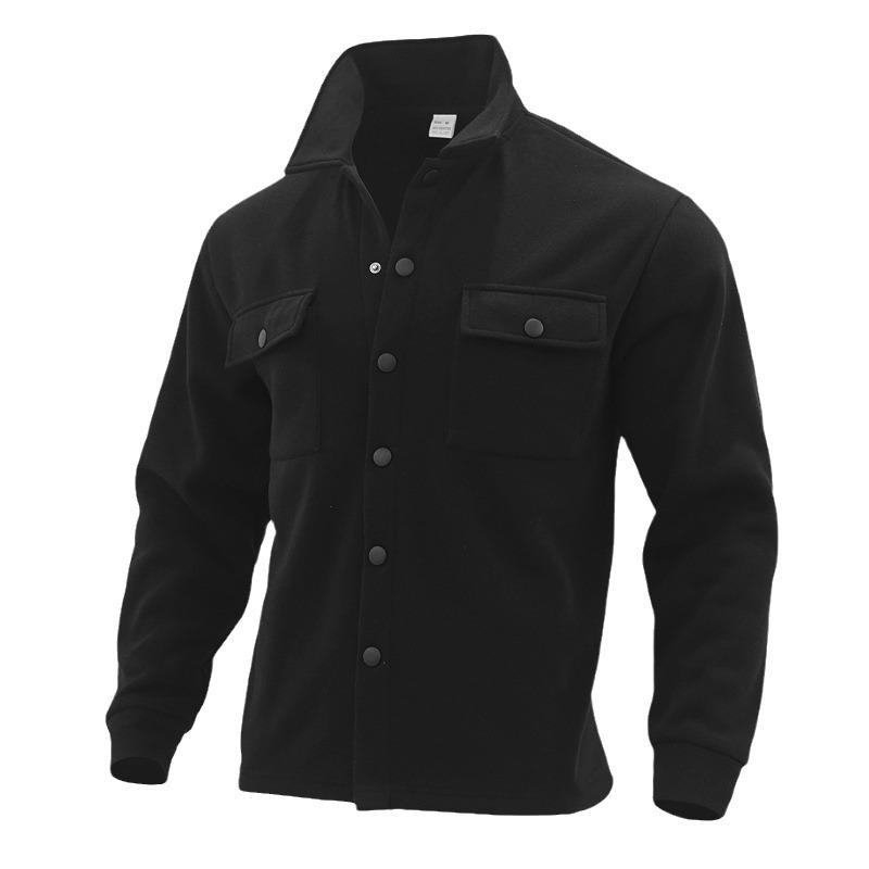 Men Black Wool Blend Button-Down Shirt Jacket with Chest Pockets Casual Outerwear
