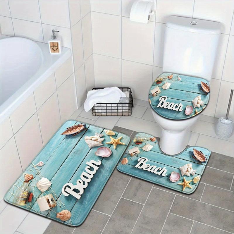 Modern Simple Wood Grain Shell Boat Bathroom Floor Mat Set 3pcs Non-Slip Absorbent Toilet Lid Cover and U-Shaped Rug