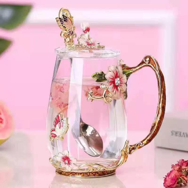 Petite tasse à thé en émail marguerite, petit verre peint à fleurs fraîches, ensemble de tasses à thé cadeau transparentes pour la maison