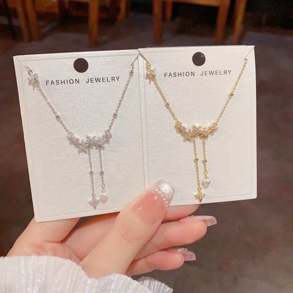 Japan and South Korea Exquisite Fashion Light Luxury Zircon Star Tassel Necklace Temperament Simple Versatile High Sense Super Flash Collarbone Chain