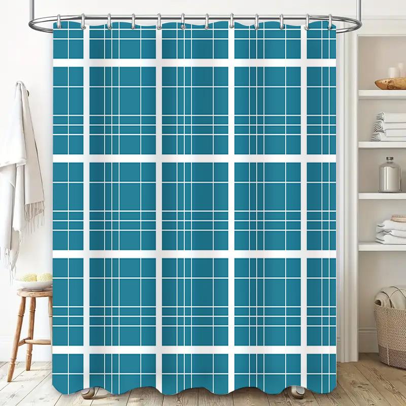 Blue Plaid Shower Curtain Waterproof Bath Mat Home Decor