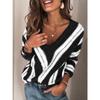 Autumn Winter Striped Patchwork Loose Casual Sweater Women V-neck Vintage All-match Pullover Knitting Top