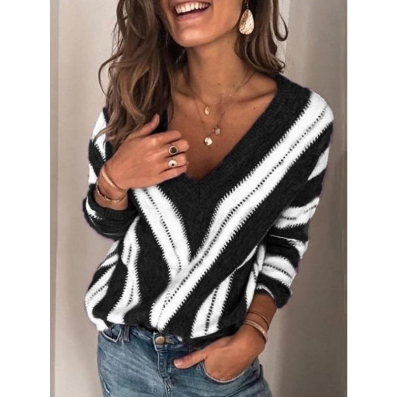 Autumn Winter Striped Patchwork Loose Casual Sweater Women V-neck Vintage All-match Pullover Knitting Top