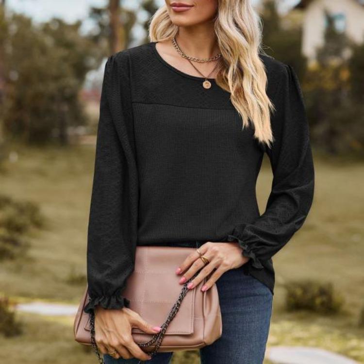 Breathable Mesh Long Sleeve Tops for Women Solid Color Puff Sleeve T Shirt Round Neck Casual Daily Wear