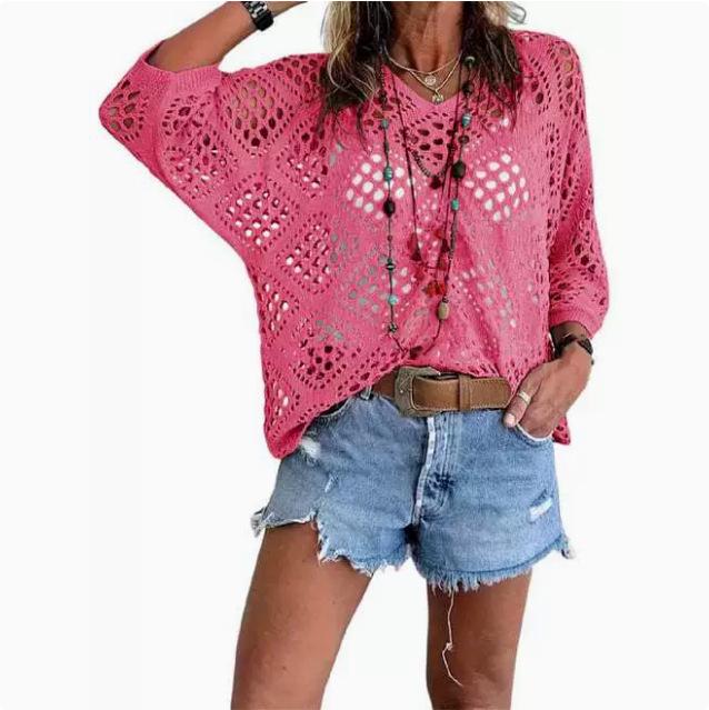Cardigan lavorato a maglia da donna con scollo a V, intagli a forma di diamante e maniche a pipistrello, per la primavera/estate europea