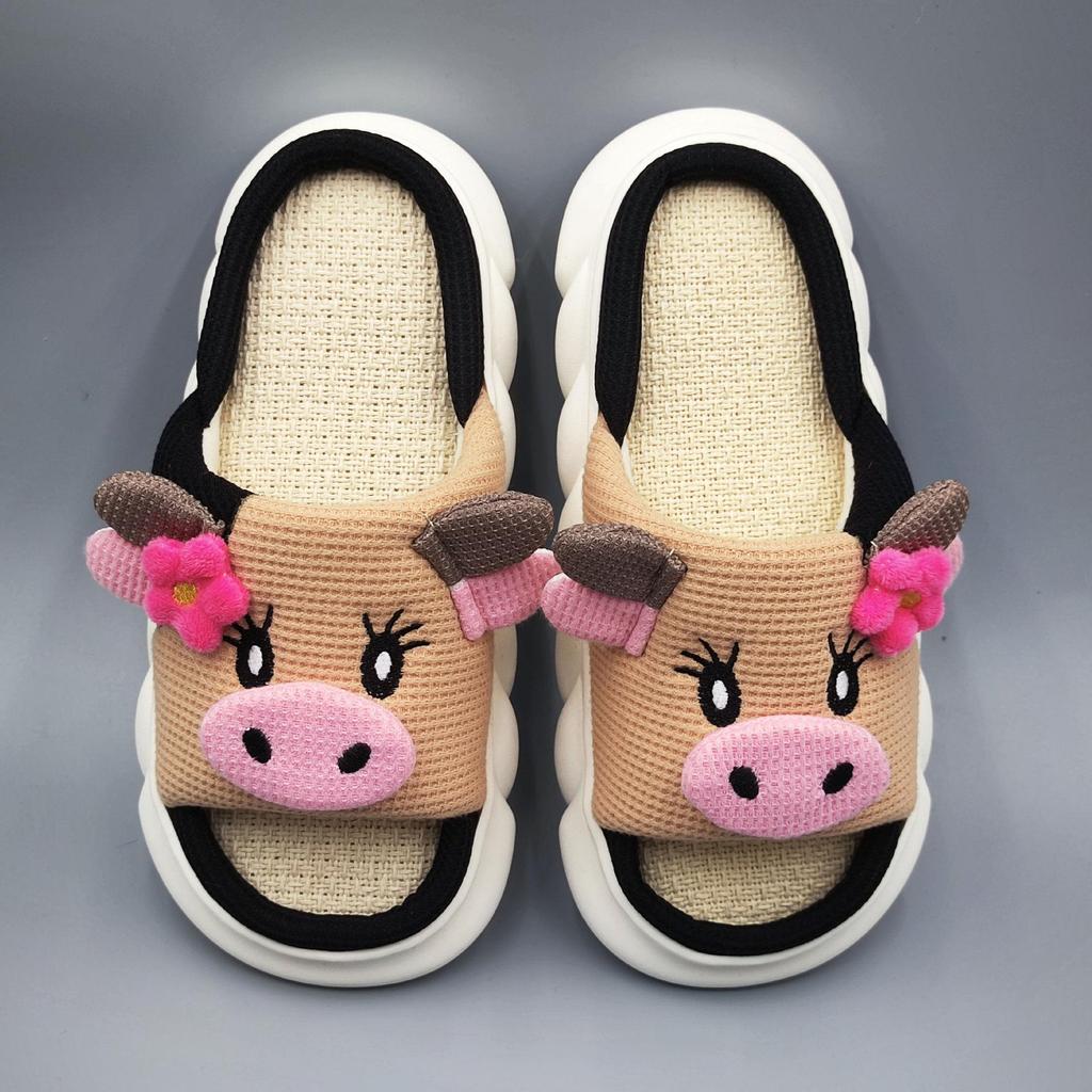 Universal Cow Print Linen Slippers: Cute, Non-Slip, Odor-Proof, Four Seasons, Thick Sole