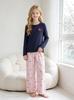 Mädchen Stretchy Geripptes Pyjama-Set Süßer Kirschen-Print Rüschenbesatz Langarm-Oberteil & Gestreifte Hose Weiche Loungewear Pyjamas für Kinder 8-12 Jahre