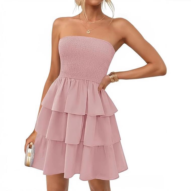 Women's Smocked Strapless Tiered Ruffle Mini Dress Casual Summer Beach Sundress Party Dress