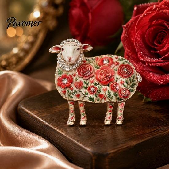 Decorative Lamb Brooch Rhinestone Floral for Women, Flower Sheep Alloy Lapel Pin Pin, Animal Jewelry Clothing Suits Scarves Bags