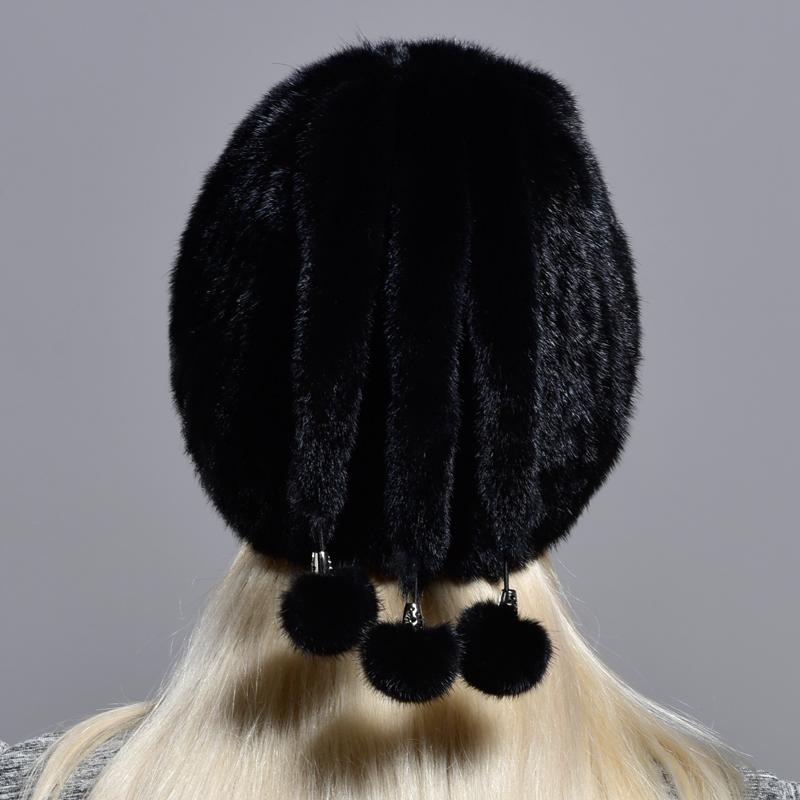 Real Mink Fur Hats Women's Winter Natural Geniune Fur Warm Knitted Hats with 3 Balls Handsewn Fashionable Skullies Beanies Hat