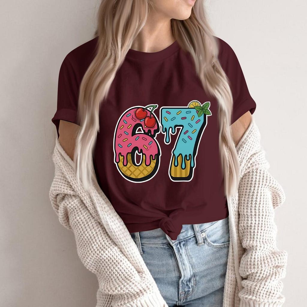 Women's Fashionable Casual Short Sleeved Printed T-Shirt Round Neck Top