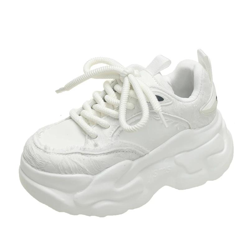 

Женские повседневные кожаные туфли на высокой платформе, новые осенние толстые кроссовки со шнуровкой, 7 см, танкетка, скрытые каблуки, белые туфли для отдыха, женские 34
