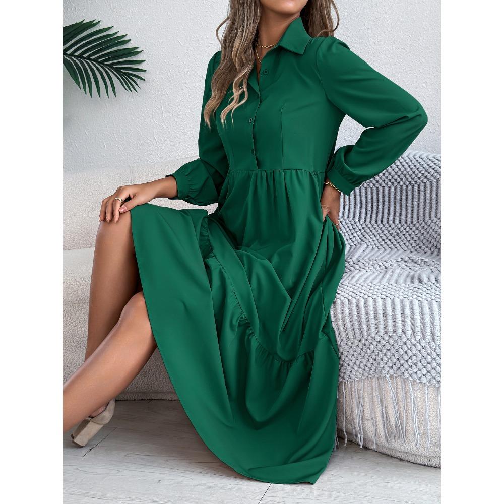 Women's Long Skirt Lapel Casual Loose Long Sleeve Ruffle Shirt Dress Fashion Dresses