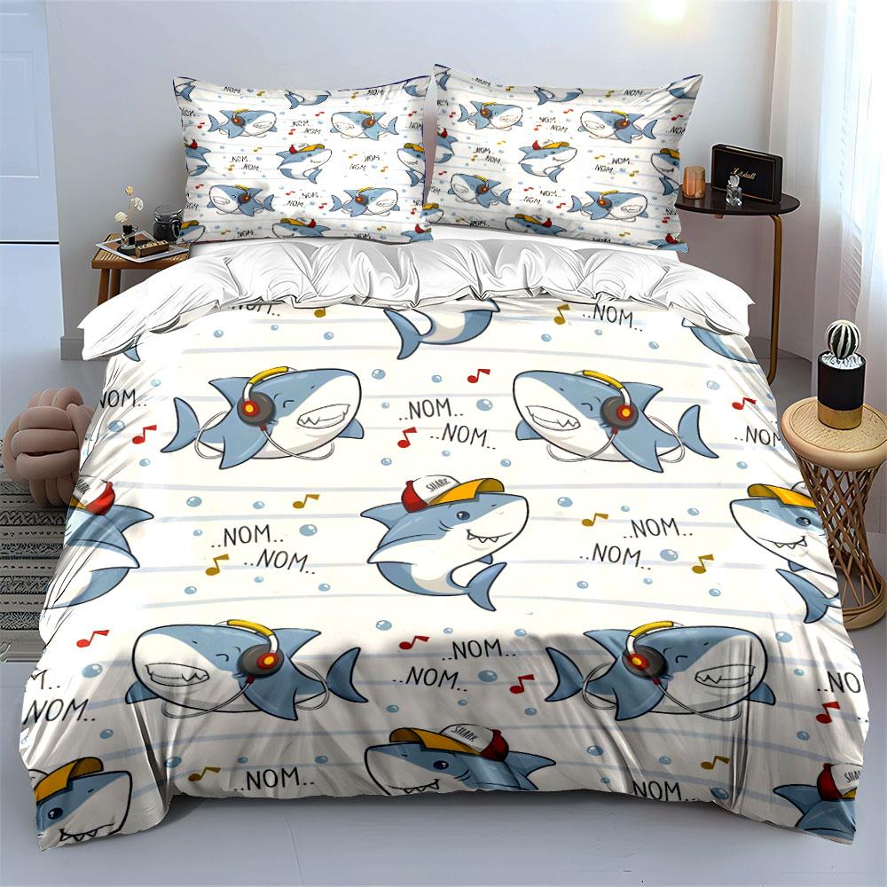 Cartoon Sharks With Headphones And Hats Printed Duvet Cover Set1 Duvet Cover+2 Pillowcasemulti Size Bedroom Bedding Decor