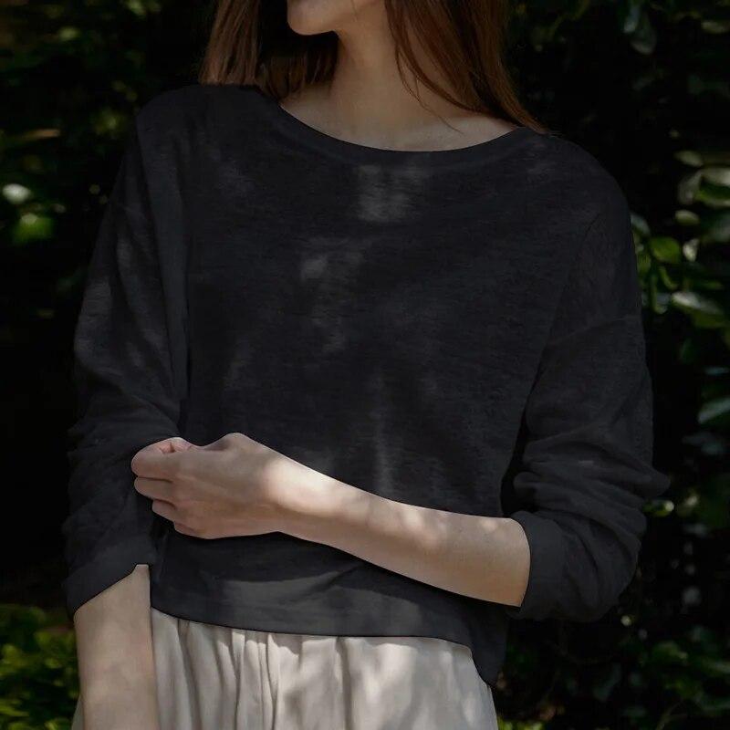 Johnature Spring Summer Long Sleeve T-Shirt Women Slouchy Cropped Underneath Simple Crewneck Thin Casual Tops