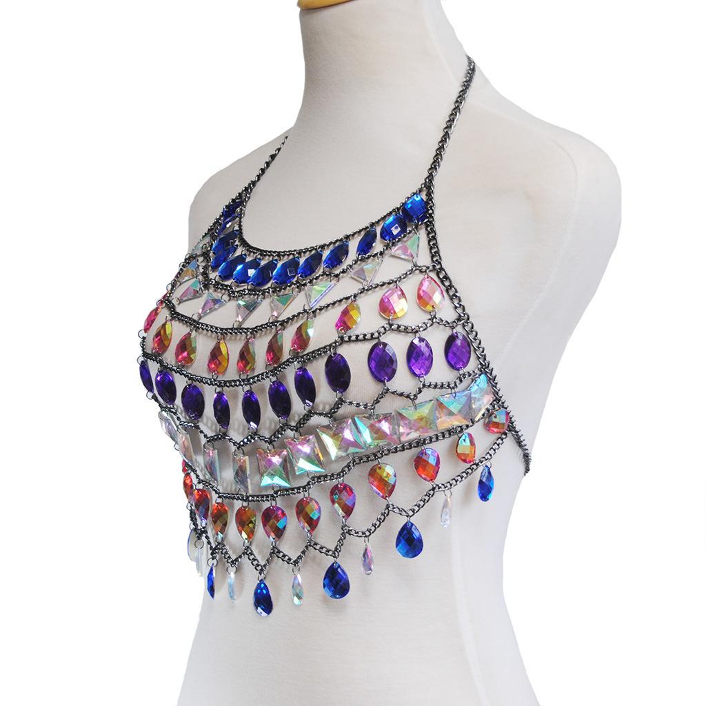 RL-131 Damen Mehrfarbig Handgefertigt Nachtbar Schmuck Kristall Strass Stein Diamant Tropfen Rückenfrei Hohl Weste Bikini Körperkette