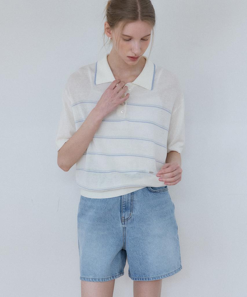 OURHOPE Linen Striped Collared Half Sleeve Knit - Ivory