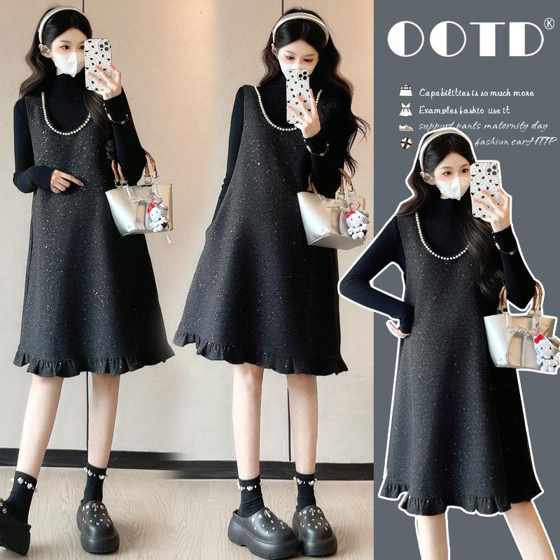 Chic Autumn/Winter Pearl-Embellished Wool Maternity Dress L