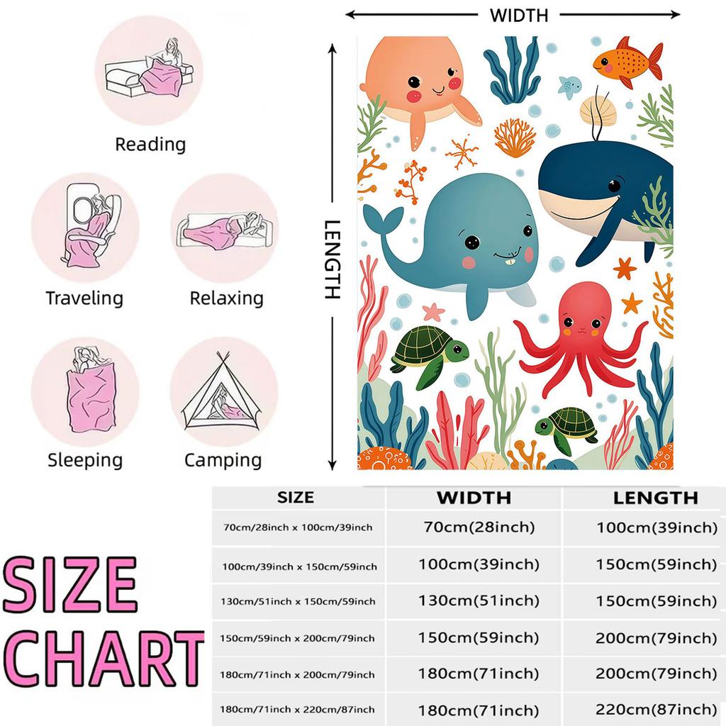 1Pc Colorful Marine Cartoon Bio Printed Flannel Blanket In Multiple Sizes Comfortable, Suitable For Napping, Machine Washable