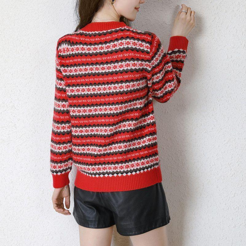 Korean Fashion Autumn Winner Sweaters New Women's O-Neck Striped Jacquard Weave casual Long Sleeve Loose Pullovers Knitted Tops