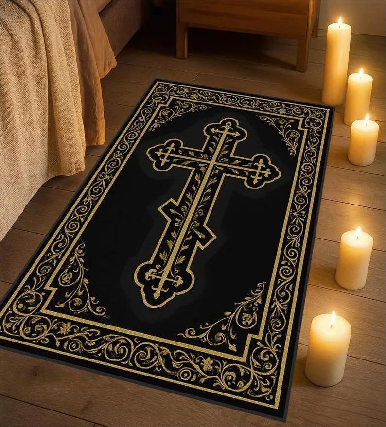 Religious Cross Carpet Mat Rug - Gold Pattern Red Background Floor Decor for Living Room Home Decoration Carpets for Living Room