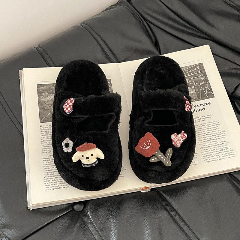 

Модные ретро мультяшные туфли-тапочки с пушистым мишкой для девочки, осенние, теплые, мягкие и удобные, повседневные, на толстой подошве, с закрытым носком 35 чёрный