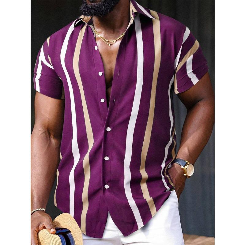 Hong Kong Style Draped Striped 3D Printed Button Cardigan, A Versatile Aloha Shirt for Men's Summer Business and Vacation Wear.