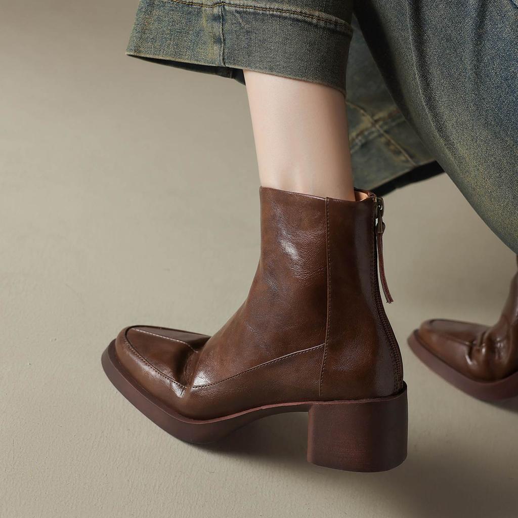 Krazing Pot Cow Skin Winter Round Toe Chunky Heels Motorcycle Boots Size 43 Zipper Women Platform Ankle Boots