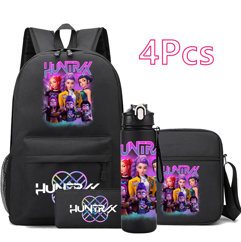 4Pcs/set Anime K-Pop Demon Hunters Printed Backpack Bookbag Shoulder Bag Case Bag with 750Ml Water Bottler for Boy Girl Large Capacity Schoolbag