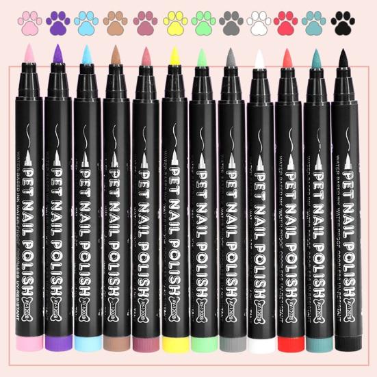 Yousheng 12-Color Pet Nail Art Pen Set Quick Dry Dog Nail Polish Pens for Puppy Cat Soft Brush Tip Creative Pet Grooming